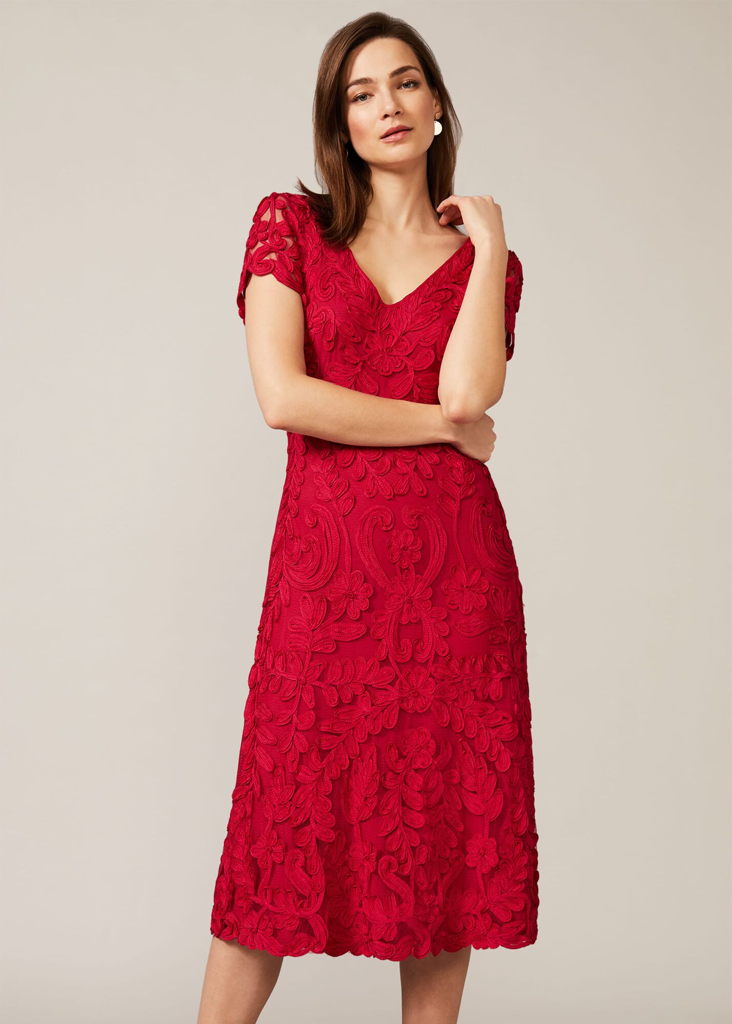 英国Phase Eight 红色立体绣花修身蕾丝连衣裙（紫红色）